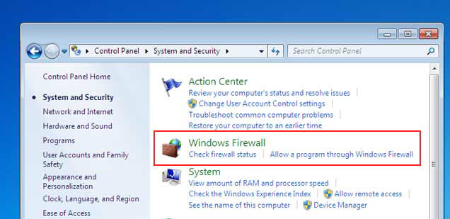 Open the Windows Firewall by clicking 'Start > Settings > Control Panel' then 'Windows Firewall'.