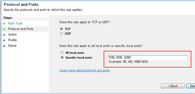 Mark 'Sepcific local ports', and enter 7338, 9339, 22001 in the bar and click 'Next>' button.
