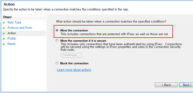 Mark 'Allow the connection' and click 'Next>' button.