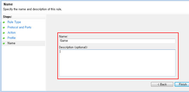 Enter anythng you want in 'Name', 'Description'(just an option) box. Next, click 'Finish>' button.