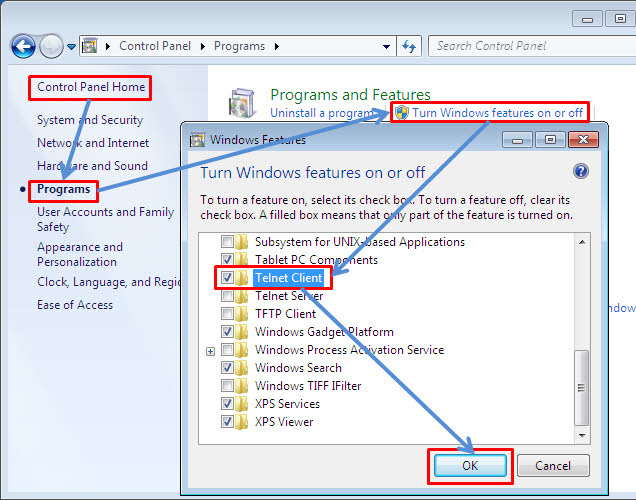 * If telnet isn't installed in your computer, you should do what's shown on the picture beneath.